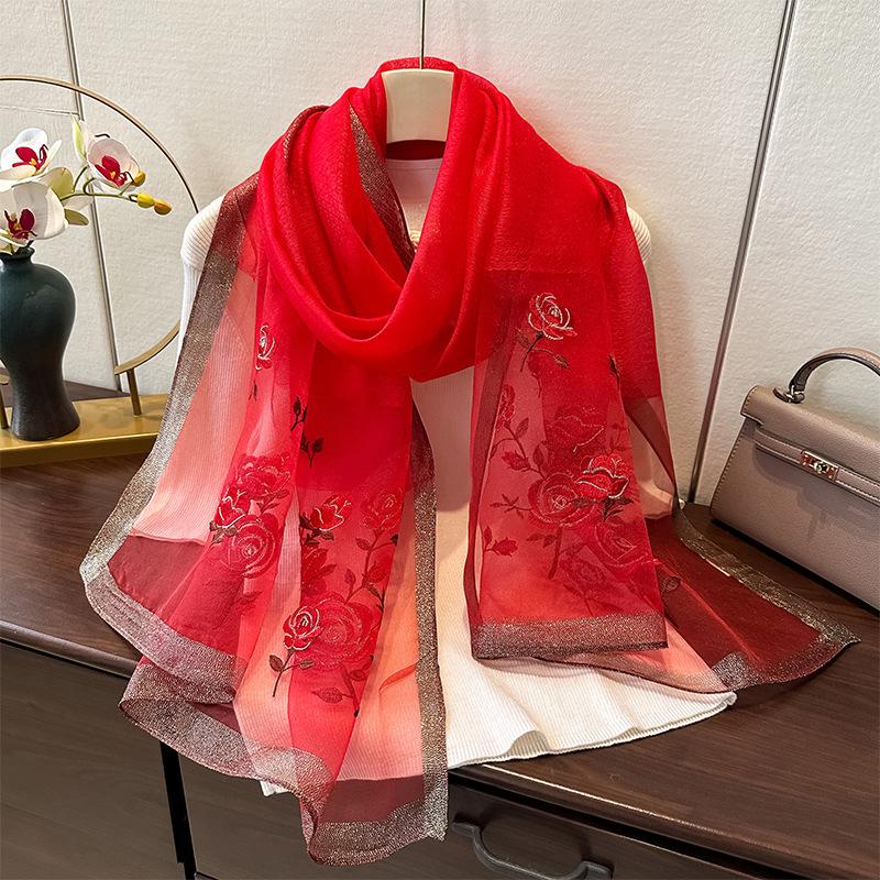 Simulation Silk Handmade Embroidered Scarf Spring And Autumn High-End Foreign Silk Scarf Femininity Easy To Match Decorative Shawl