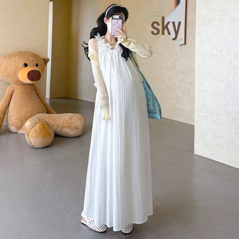 2026 Summer Maternity Two-Piece Set: 3D Flower Chiffon Knit Tank Dress & Cardigan XL