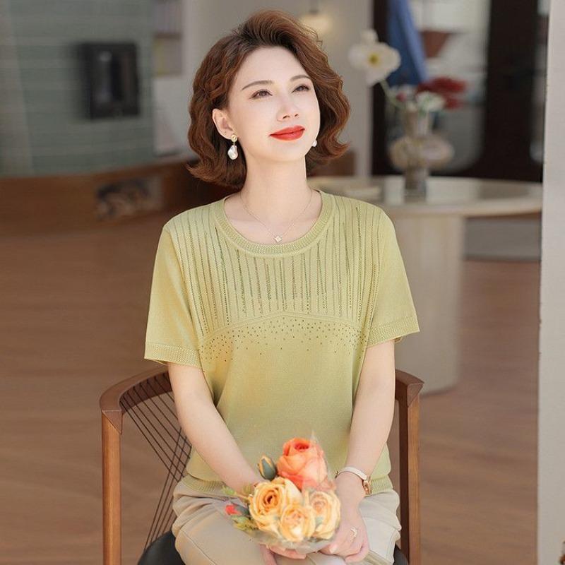 Fashionable and Casual Mother's Wear Knitted Sweater Women's Short-Sleeved Summer Wear New Top Temperament Versatile Middle-aged and Elderly T-shirt
