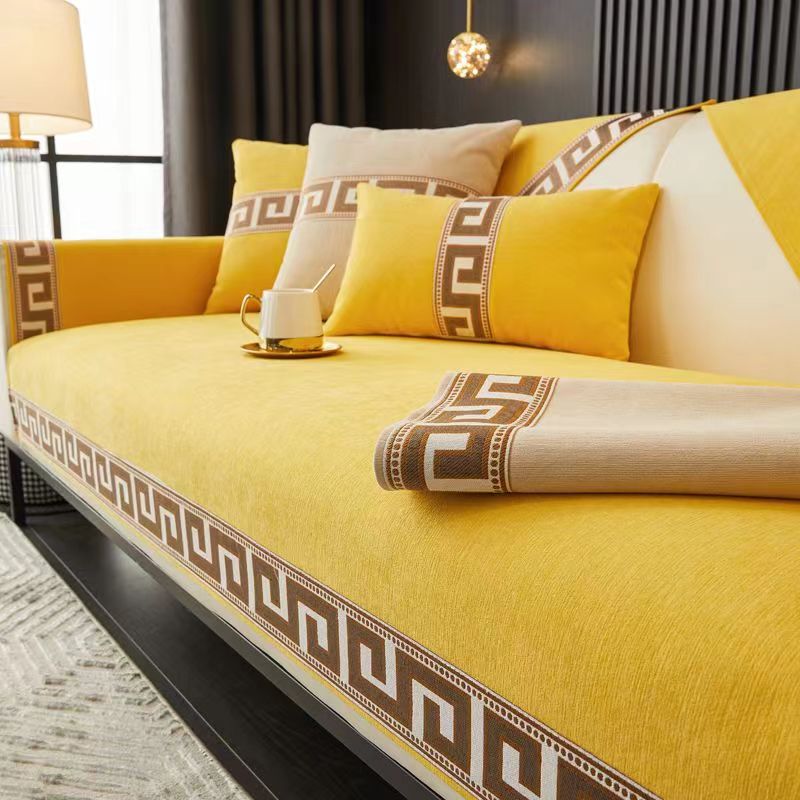 Luxusní přehoz na pohovku s oblačným vzorem, zlatý okraj, čínská jednobarevná zahuštěná žinylková potah na pohovku, protiskluzové potahy na gauč do obývacího pokoje