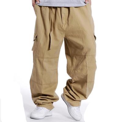 Men's Plus Size Elastic Waist Wide Leg Multi-Pocket Pants for Spring and Autumn