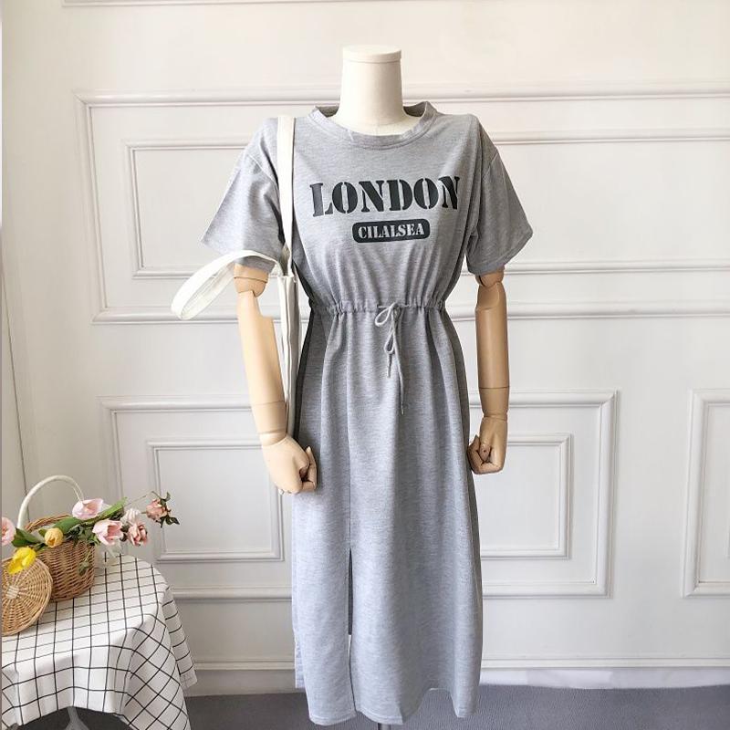 Round Neck Printed Drawstring Waist Cinching Slit Mid Length T-shirt Dresses