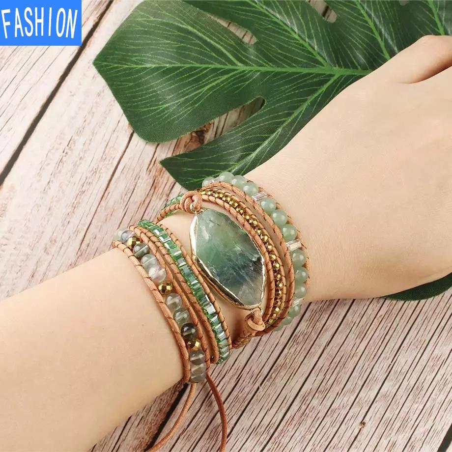 Multi Layer Bracelet with Green Fluorite Bohemian Emery Beads for Meditation Chakra Healing