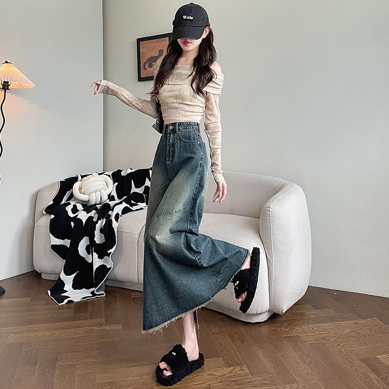 Retro Wolliger High-Waist Denimrock für Damen Im Frühling und Herbst Neues Slim- und Schlitzdesign Midirock
