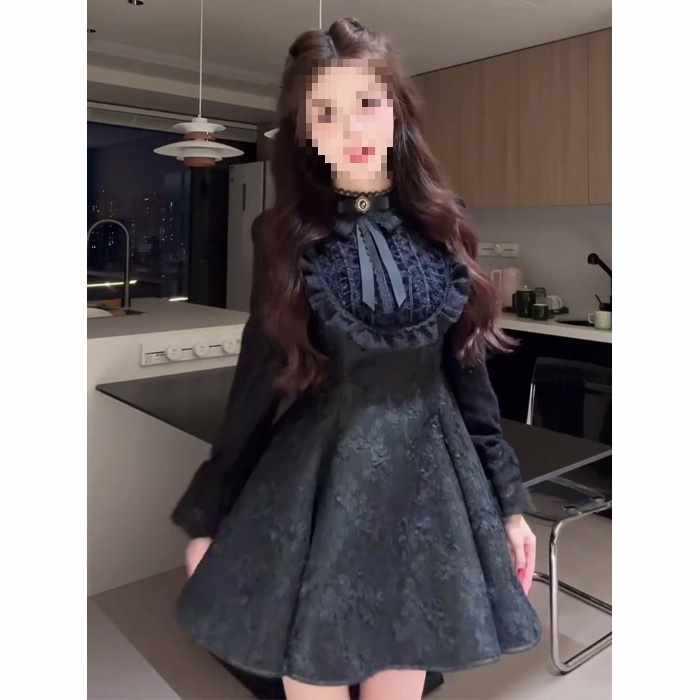 Rich Girl Fragrant Style Bow Princess Dress - Autumn/Winter French Waist-Hugging Design for Women
