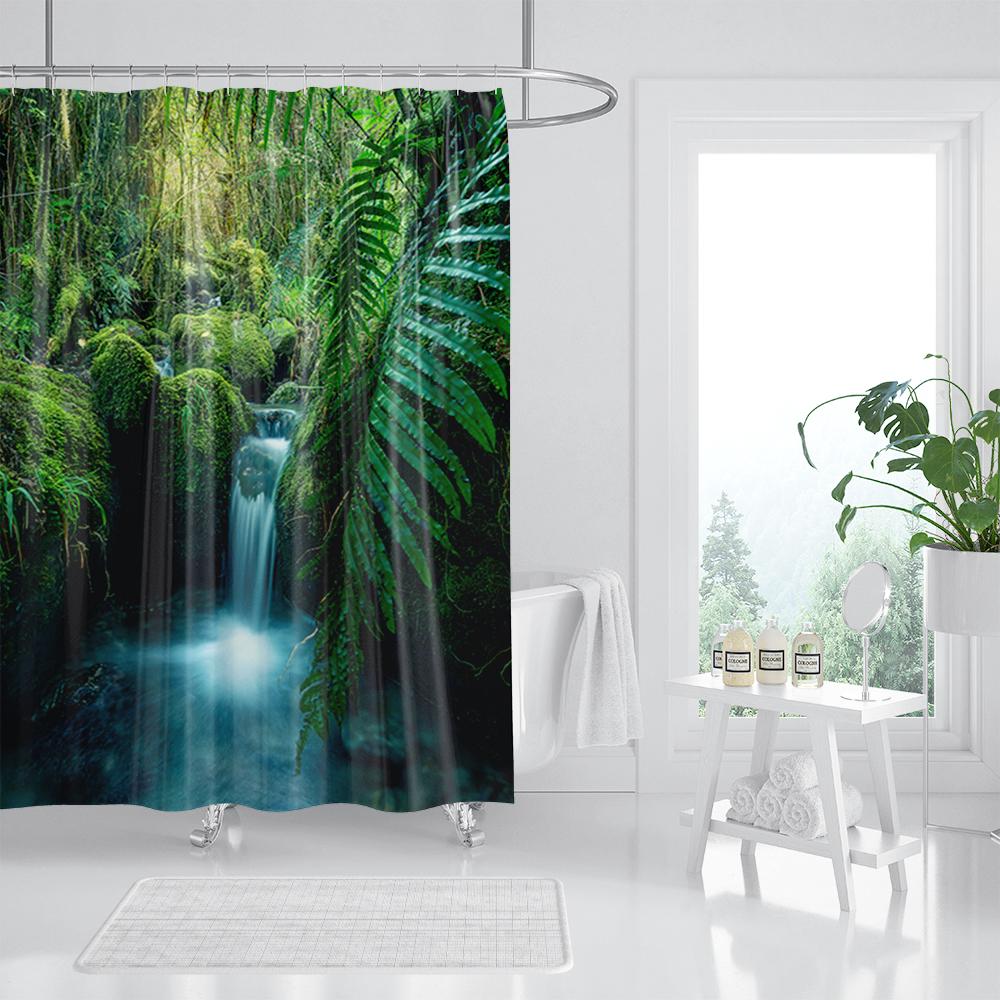 Forest Waterfall Shower Curtain Tropical Rainforest Palm Jungle Tree Green Leaves Plants Scenery Bathroom Decor Set With Hooks