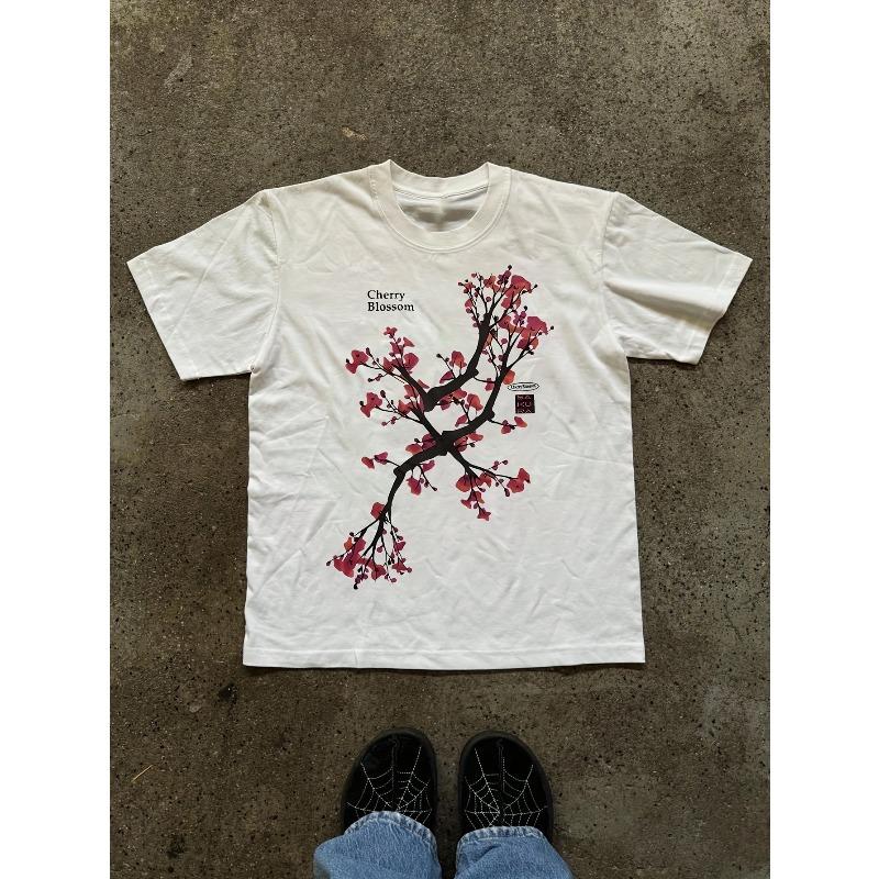 Womens Vintage Cherry Blossom Tree Print Tee Round Neck Short Sleeve Casual Spring Summer Autumn Everyday Street Wear Top
