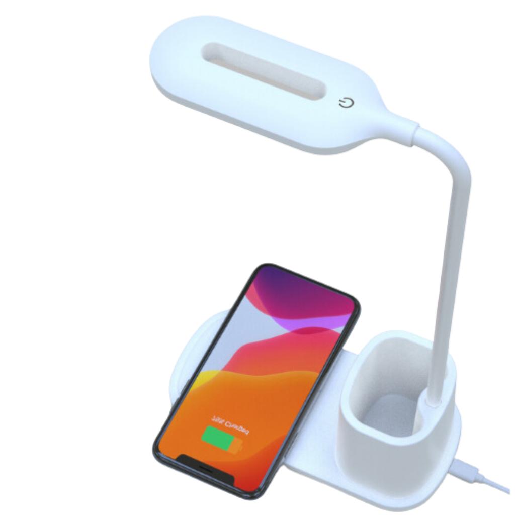 Inductive charger, LED desk lamp, white container, cable, adjustable