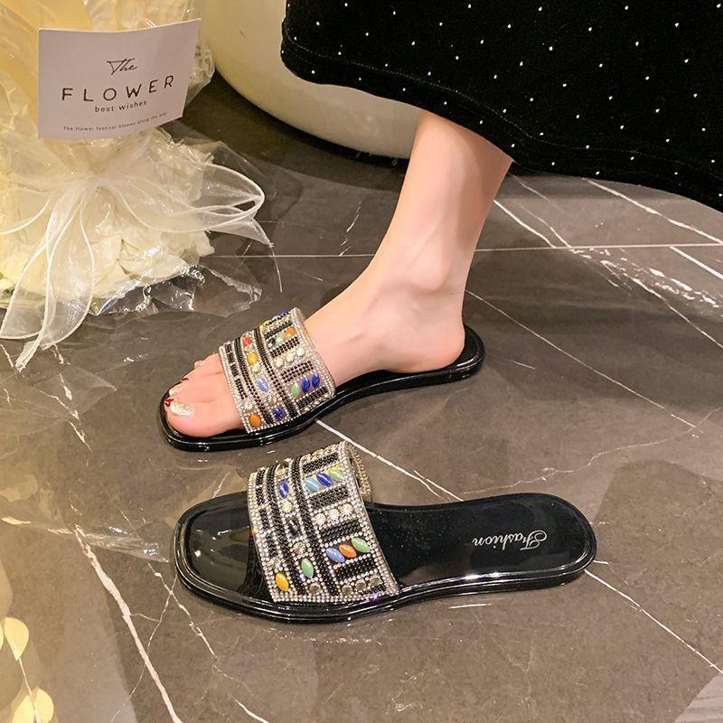 2025 Internet Celebrity Fashion Flat Slippers Summer Women Wear New Versatile Niche Design Rhinestone Slippers Women