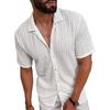 Men's Short-Sleeve Openwork Knit Collared Shirt - Breathable Casual Button-Down Slim-Fit Top