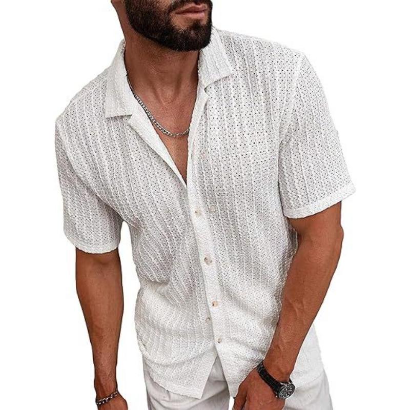Mens Casual Textured Short Sleeve Cuban Collar Button Up Shirt S белый