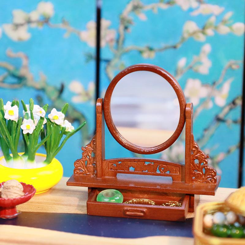 1Set Dollhouse Miniature Wooden Vanity Table + Jewelry Set With Mirror Makeup Dressing Table For Bedroom