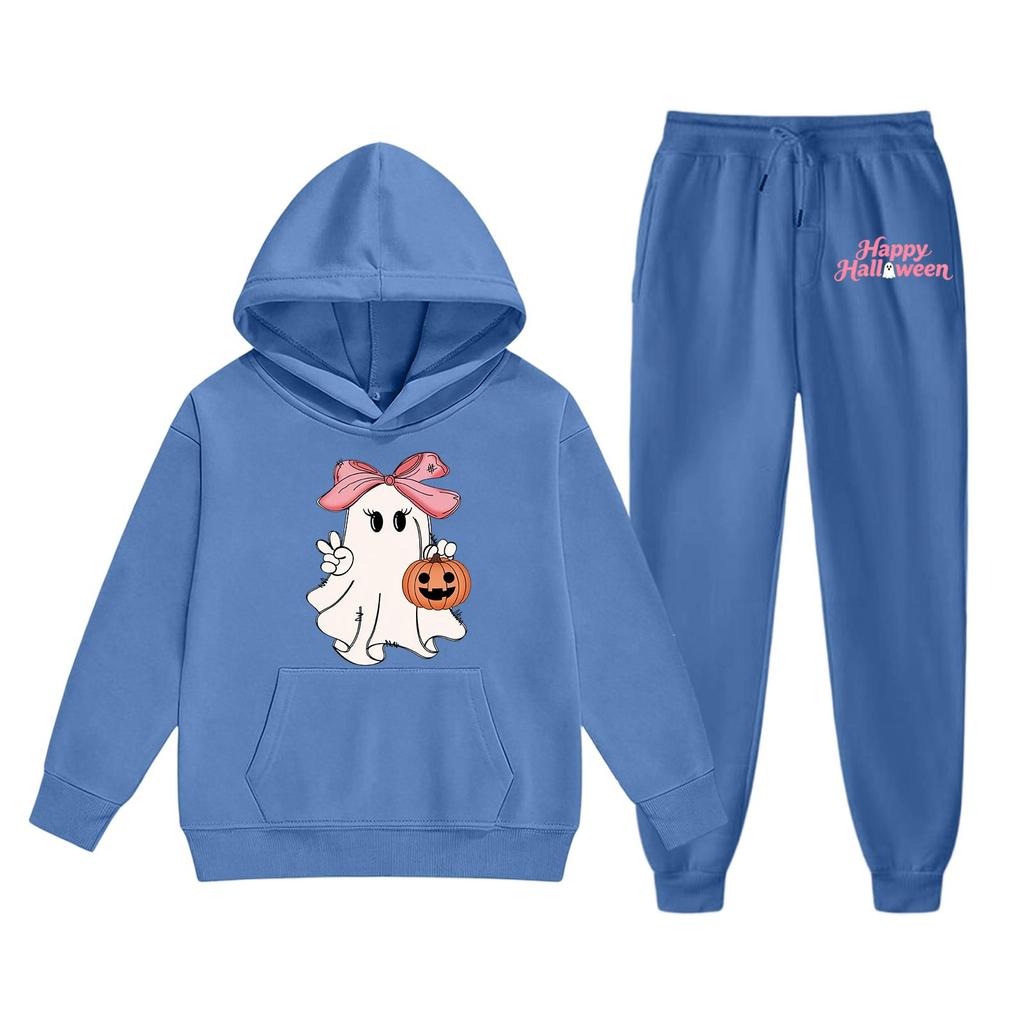 Kids Halloween Hoodie and Pants Set Ghost Print Pullover Hooded Sweatshirt and Elastic Waist Pants Comfortable Fit for Children