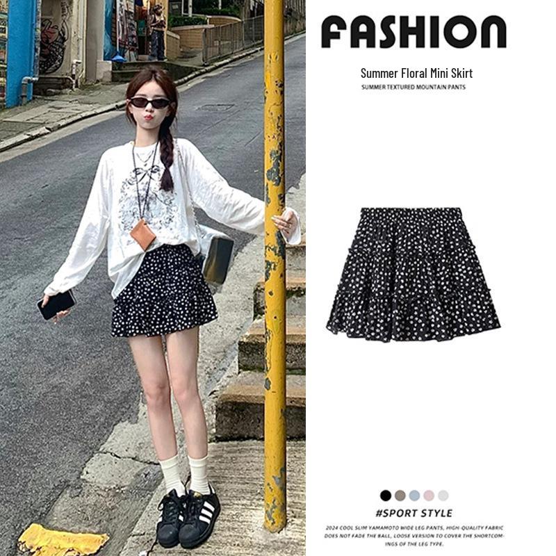 

Summer 2025 Miu Black Floral Puff Polka Dot Skirt for Women XS (recommended 30-39 kg)