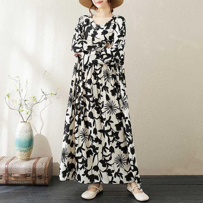 Round Neck Long Sleeve Loose Literary Vacation Style Dress