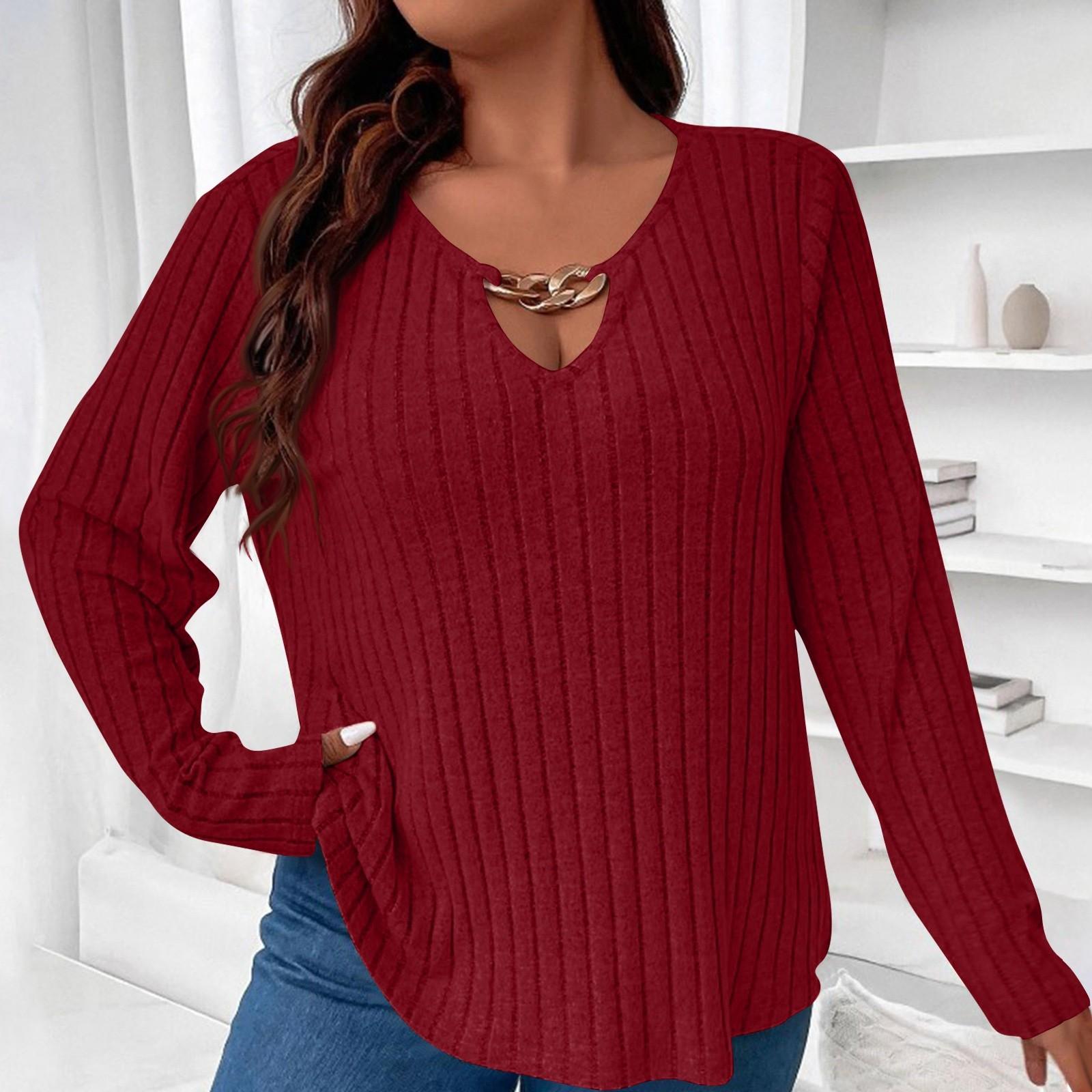 

Женская мода однотонный V-образный вырез длинный рукав свободный пуловер футболка топ XL винный