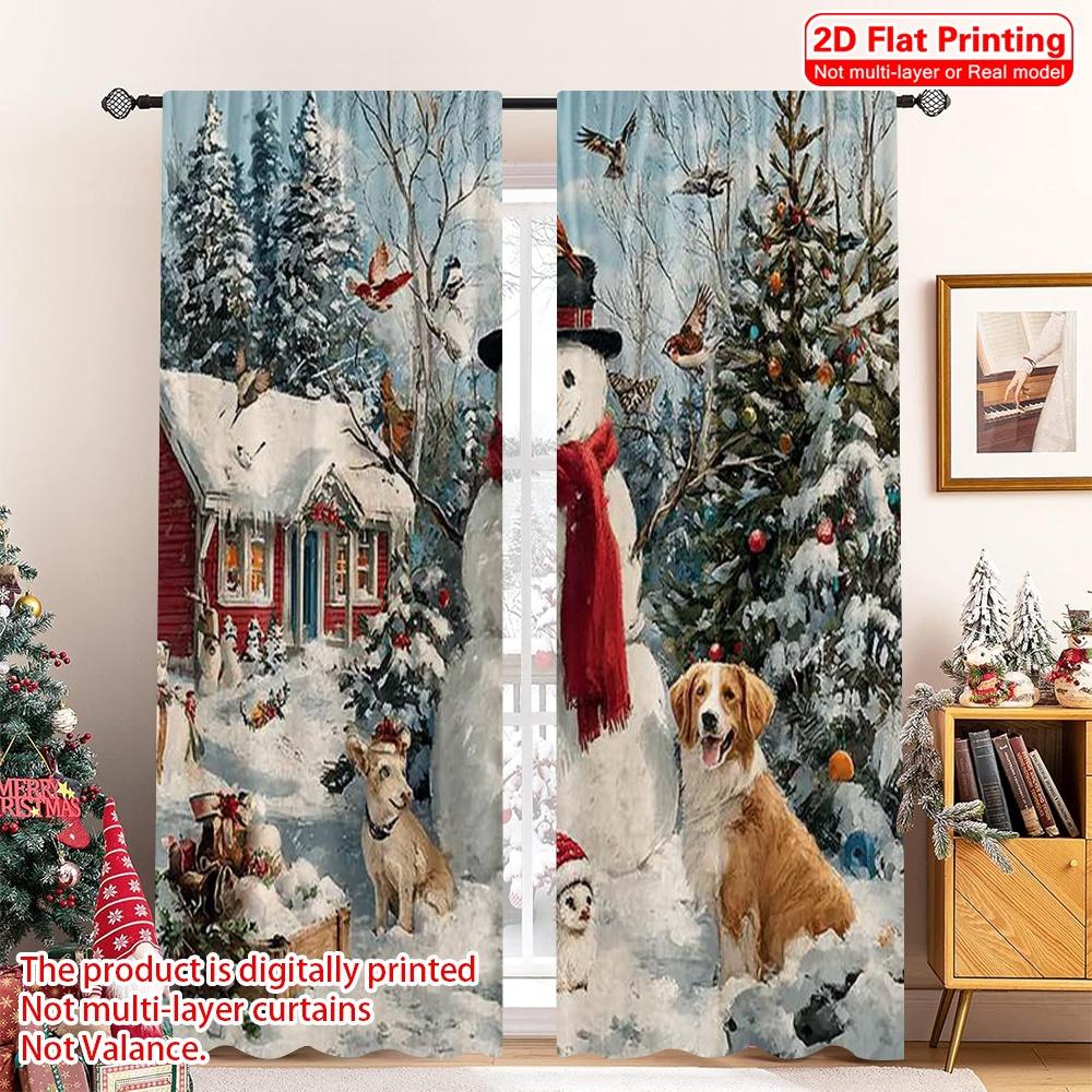 

2pcs 2D flat printing Merry Christmas Curtain Snowman with Cute Animals Versatile 100% Polyester Without Electricity Birthday 100*130 Rod Pocket 1pcs