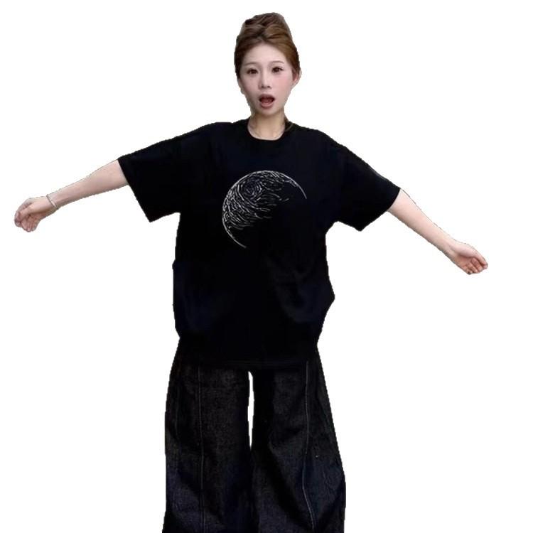 Pure cotton American trendy brand black short-sleeved t-shirt women's summer fat mm large size design sense niche half-sleeved loose top