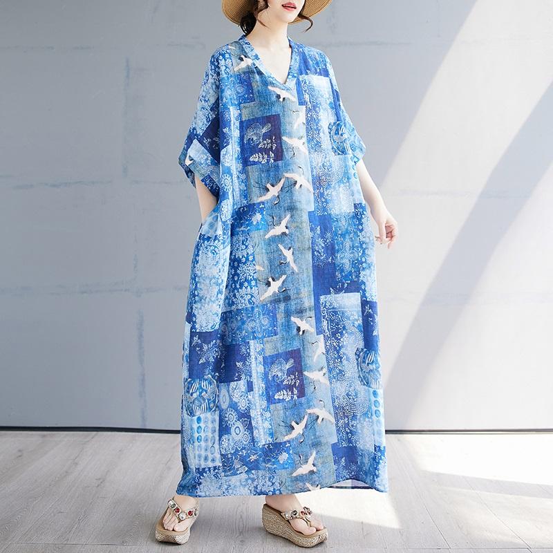 Short Sleeve Plus Size Cotton Vintage Floral New In Dresses for Women Casual Loose Maxi Long Summer Dress