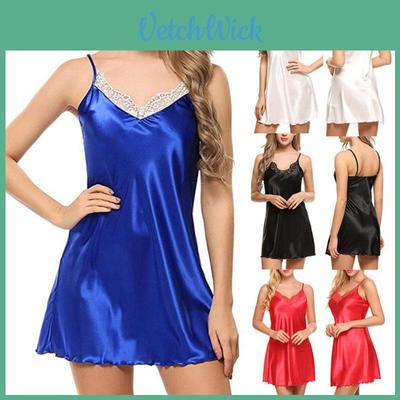 Luxurious Satin Silk Babydoll Nightgown Featuring Lightweight Floral Lace Accents