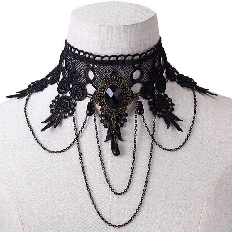 Women Party Necklace Hollow Out Lace Faux Pearl Decor Tassel Prom Cosplay Halloween Carnival Choker Wedding Performance Neck Jewelry