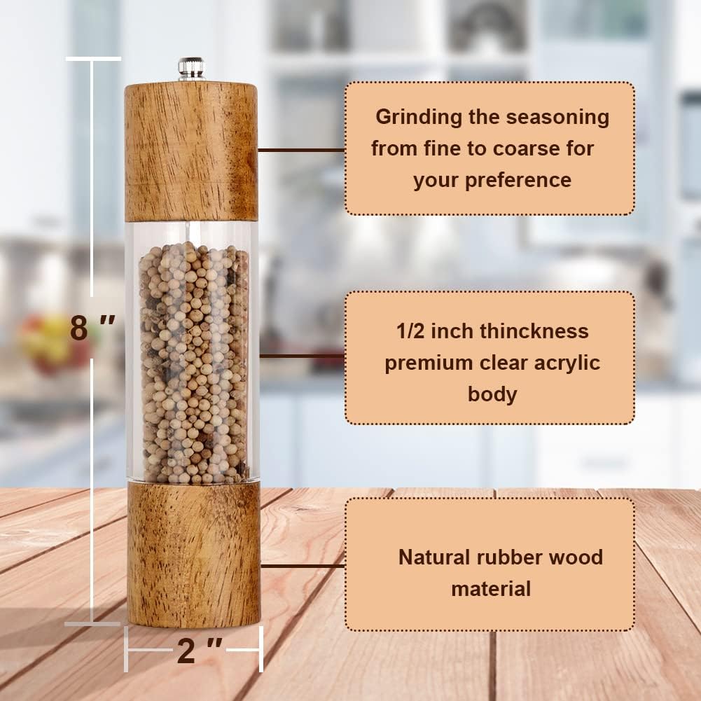 Premium Acrylic Salt and Pepper Grinder Set, Manual Salt and Pepper Mills- Wooden Shakers with Adjustable Ceramic Core-Salt Grinder and Pepper Mill