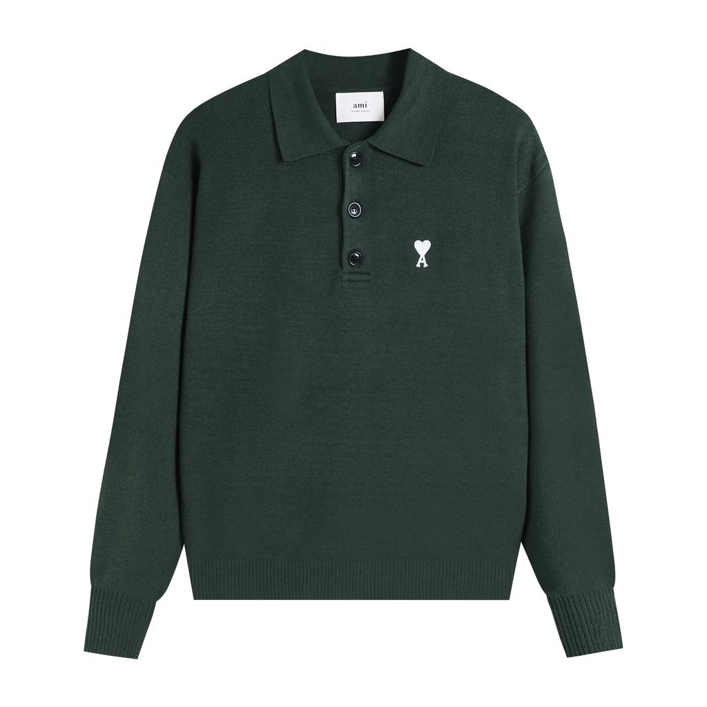 AMI New Polo Collar Knitted Sweater Jacquard Couple Wool Sweater Classic Small White Heart Embroidery