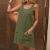 Women's Loose Casual Color U-Neck Pocket Button Adjustable Shoulder Strap Sleeveless Dress