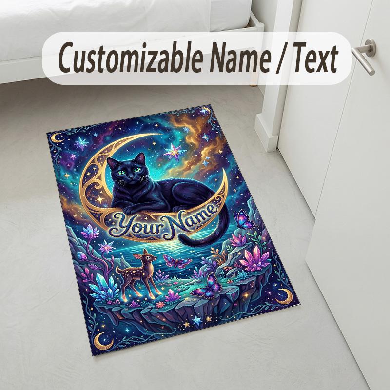 Moonlit Cat Theme Soft Crystal Velvet Rug Custom Name & Text Print Non Slip Floor Rug for Bedroom Living Room