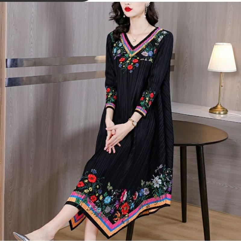 Women's Plus Size Dress Vintage Print Dress Ethnic Style Spring Summer A-line Pleated Stretch Maxi Dress