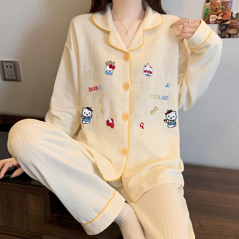 Air cotton pajamas women's autumn and winter long sleeves thickened interlayer warm stars cat student loungewear real shot