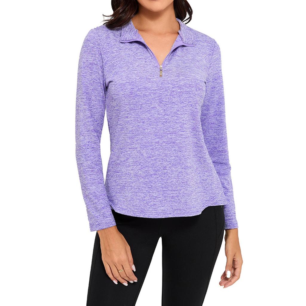 Women's Casual Solid Color Long Sleeve Breathable V-Neck Golf Tennis Running Sweatshirt Zipper Top