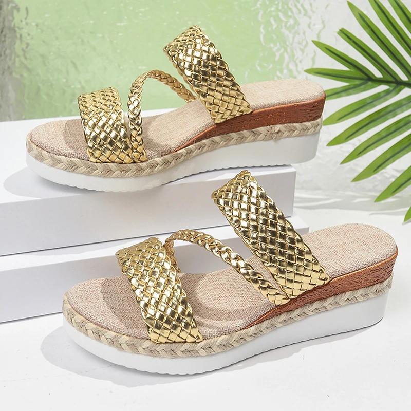Fashion Gold Wowen Straps Wedge Sandals Women Summer 2025 Platform Rome Shoes Woman Lightweight Thick Sole Sandalias Plus Size 36-43