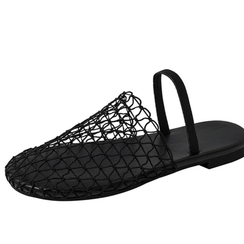 Niche Design Hollow Woven Fishing Net Surface Flat Bottom One Word Sandals Women Wear Sandals Wear Half Slippers Women