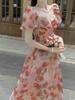 Elegant Fairy Floral Square-Neck Dress - Waist-Cinching Princess Design for Women, Perfect for Summer Tea Breaks