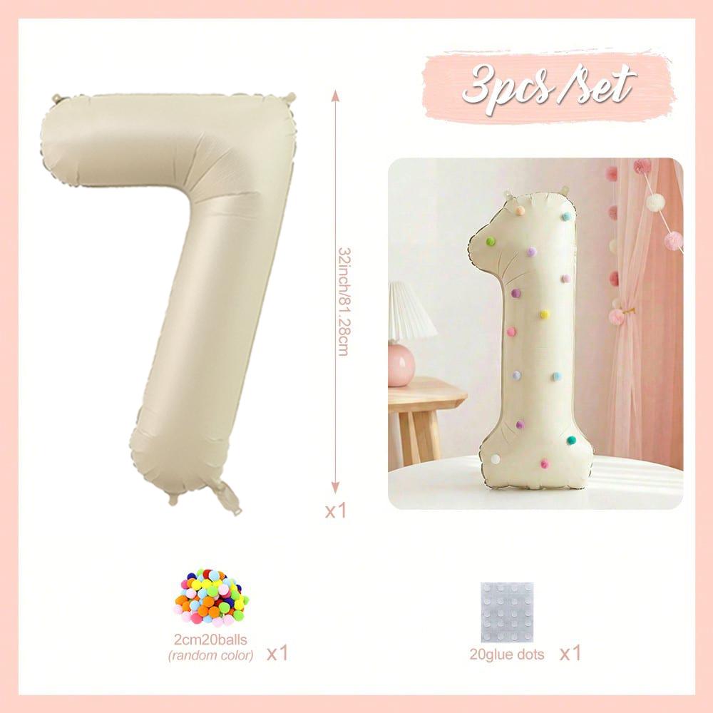 32 Inch Aluminum Foil Balloons, Milky White Numbers 0-9 for Birthday Party Decoration, 20 Plush Balls for Celebrating Birthdays