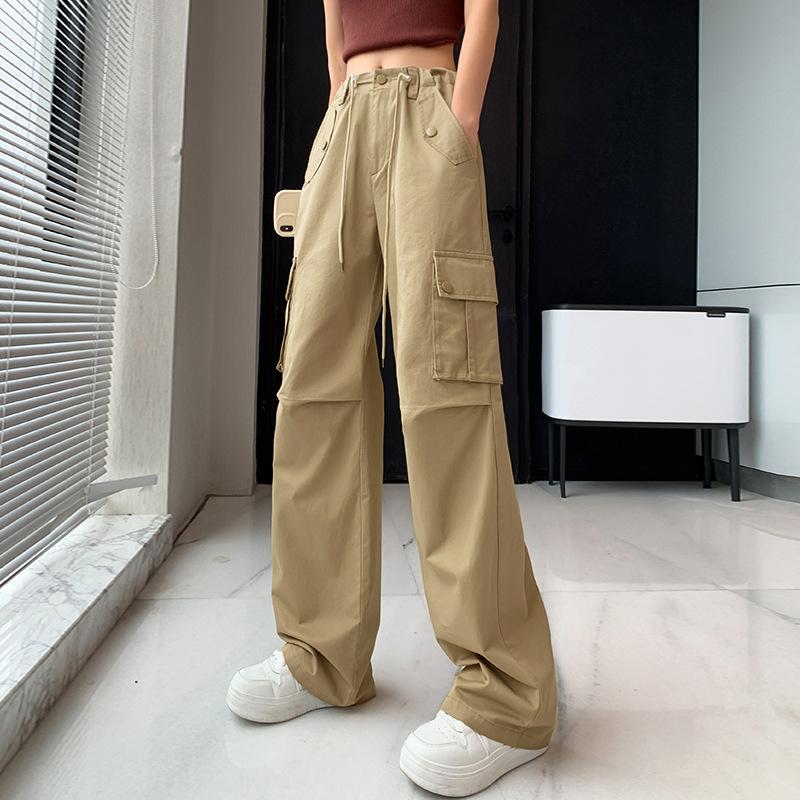 FiveFive Y2K Drawstring Cargo Parachute Pants Women Harajuku Streetwear Oversize Wide Leg Straight Trousers Female Pockets