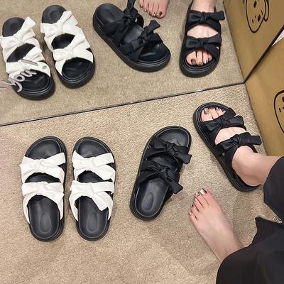 Bow-tie One-word Cool Slippers Women's 2025 Summer New Korean Version of Cute Students Thick-soled Open-toed Women's Slippers