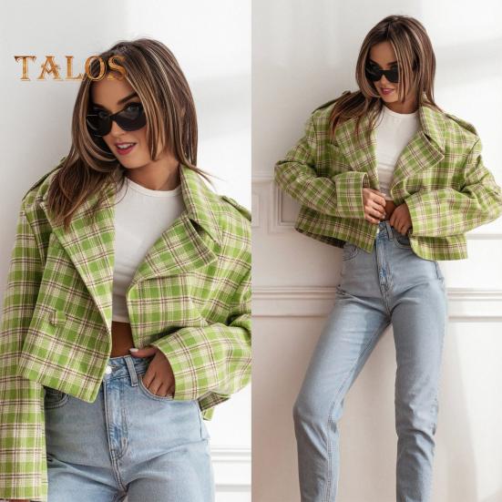 Fall Winter Women Jacket Turn Down Collar Plaid Print Long Sleeves Loose Cardigan Button Decor English Style Short Type Outerwear Coat