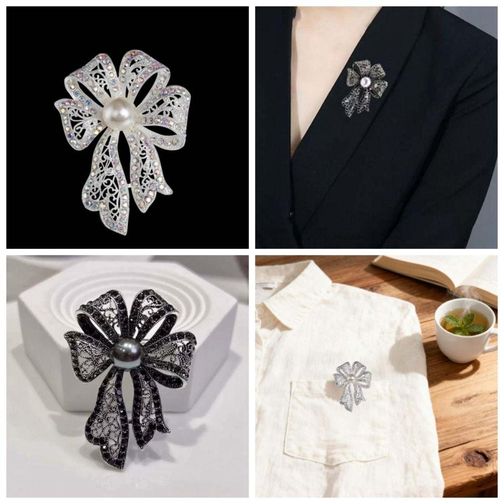 French Style Bow Brooch Vintage Black Brooch Exquisite Fully-rhinestone Pin Western-style Clothes