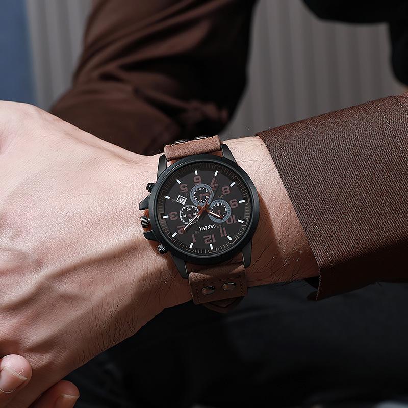 1PC Men's Watch Casual Leather Band Analog Quartz Watches with Calendar