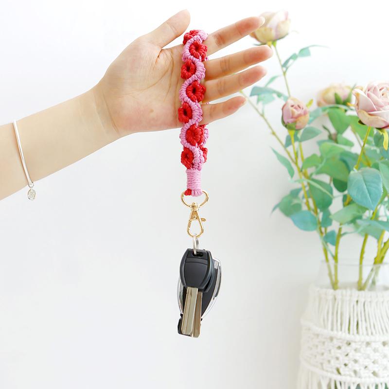 1Pc Bag Decoration Bohemia Knitted Keychain Grace Rose Pendant Prevent Loss Wrist Strap Mobile Phone Lanyard Hand Woven