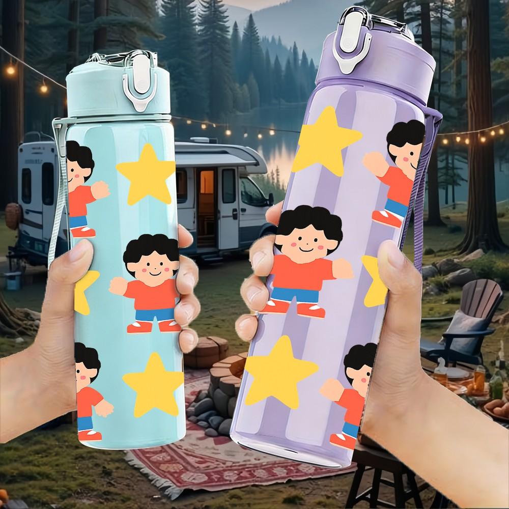 1PC Kids Star Group Figure 750ml Color Plastic Sports Water Bottle Leakproof Flip Straw Lid Suitable for Sports Office Home Use