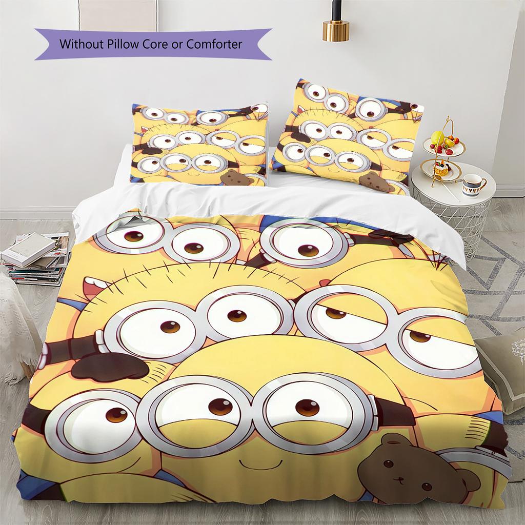 Minions Pattern Bedding Quilt Set Home Decoration Gift (1 * Duvet Cover + 2 * Pillowcase Without Core)