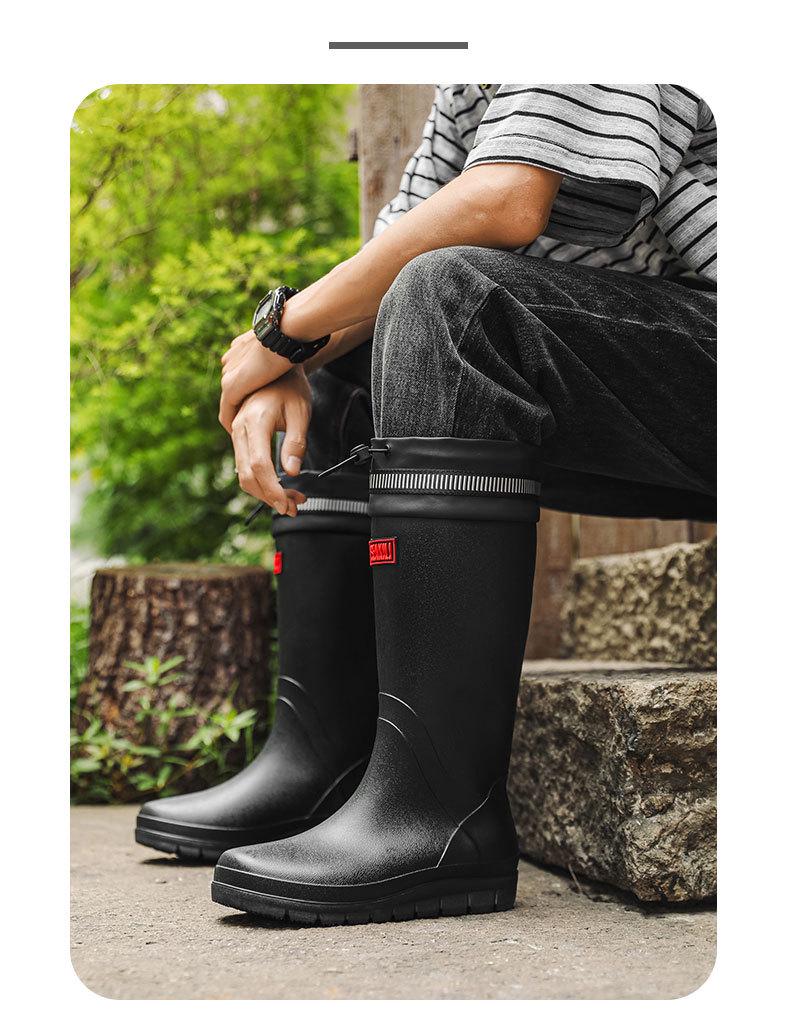 Men's High-Top Waterproof Non-Slip Rain Boots with Drawstring Long Tube Style
