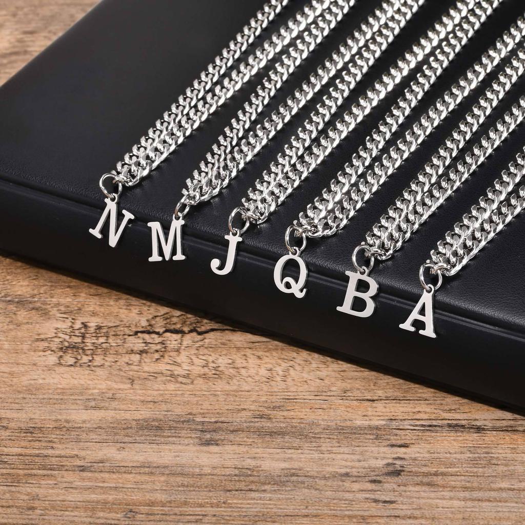 Men's Stainless Steel Hexagonal Letter Necklace - 26 English Alphabet Pendants with Chain