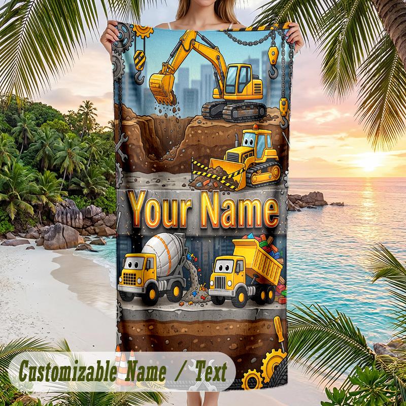 Strandtuch mit Thema Baufahrzeuge, personalisierbar mit Name und Text, weich, schnell trocknend, für Schwimmen und Reisen