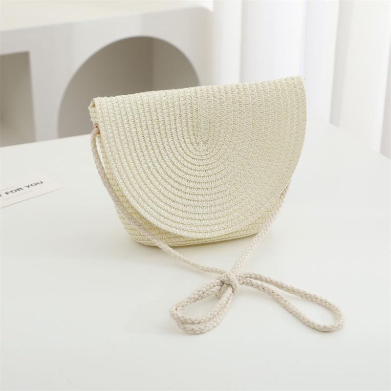Summer Solid Color Straw Bag Shoulder Messenger Round Bag Children Versatile Outing Beach Bag Light Board DIY Round Weaving