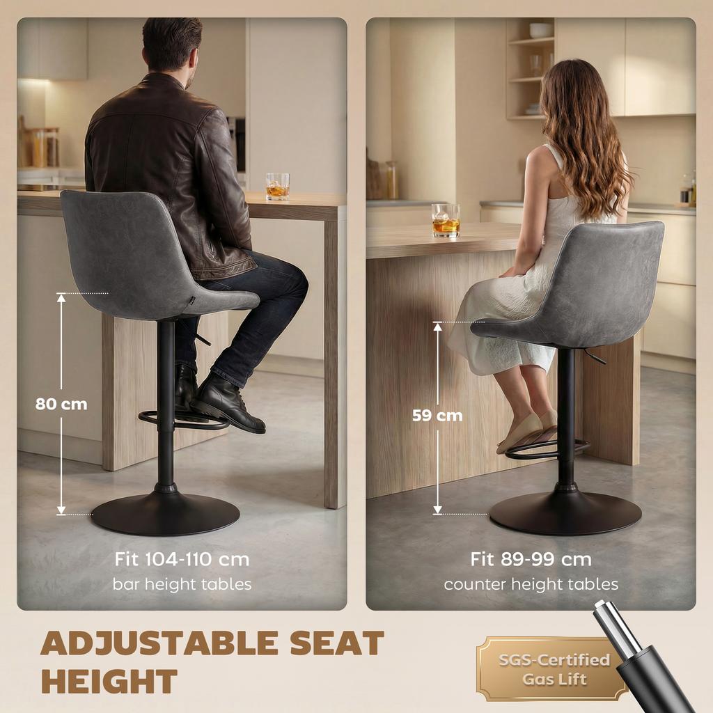 Set of 2 Leathaire Tub Bar Stools - Grey