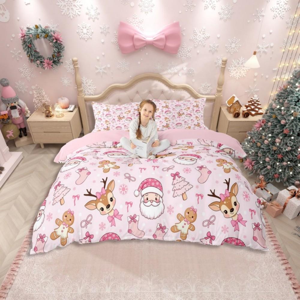 Set husă de pilotă Homewish roz girly Moș Crăciun pentru copii, set de lenjerie de pat cu desen animat cu pom de Crăciun, set de pat Kawaii cu om de zăpadă